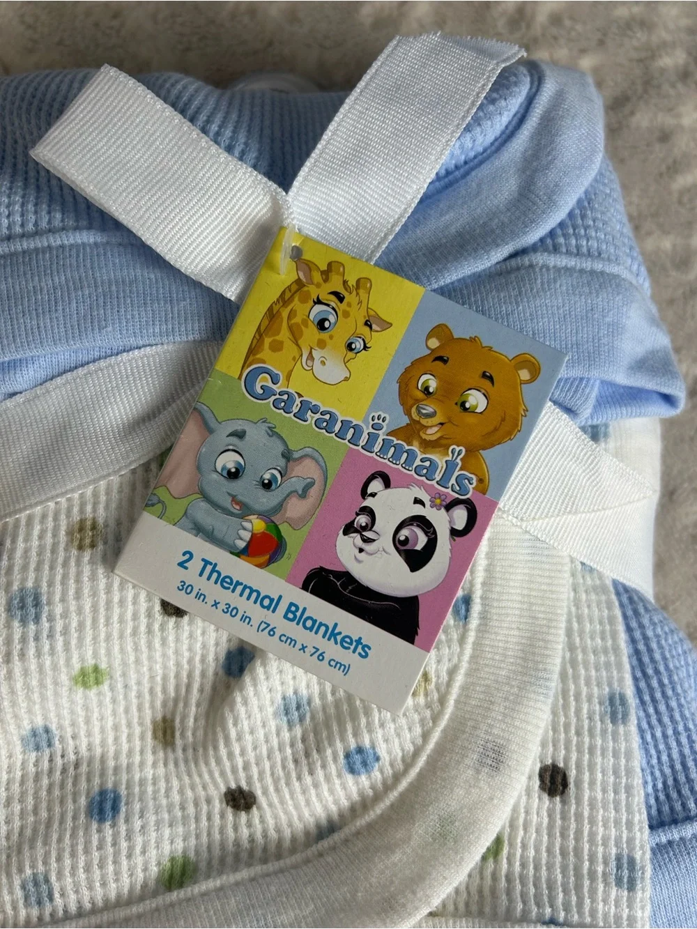Garanimals Thermal Baby Blanket Set Waffle Weave Blue White Polka Dots Green